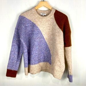 Madewell Colorblock Crew Neck Sweater - Cream, Purple, Brown